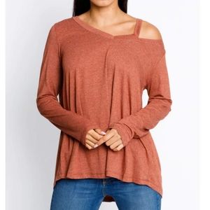 Rust Shoulder Cut Out Long Sleeve Top, Size M